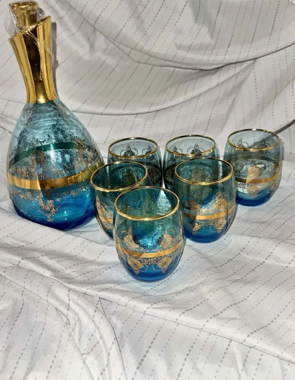 Vtg Vecchia Murano Italian Blue& 22K Gold BlownGlass Wine Decanter Set/6 Glasses